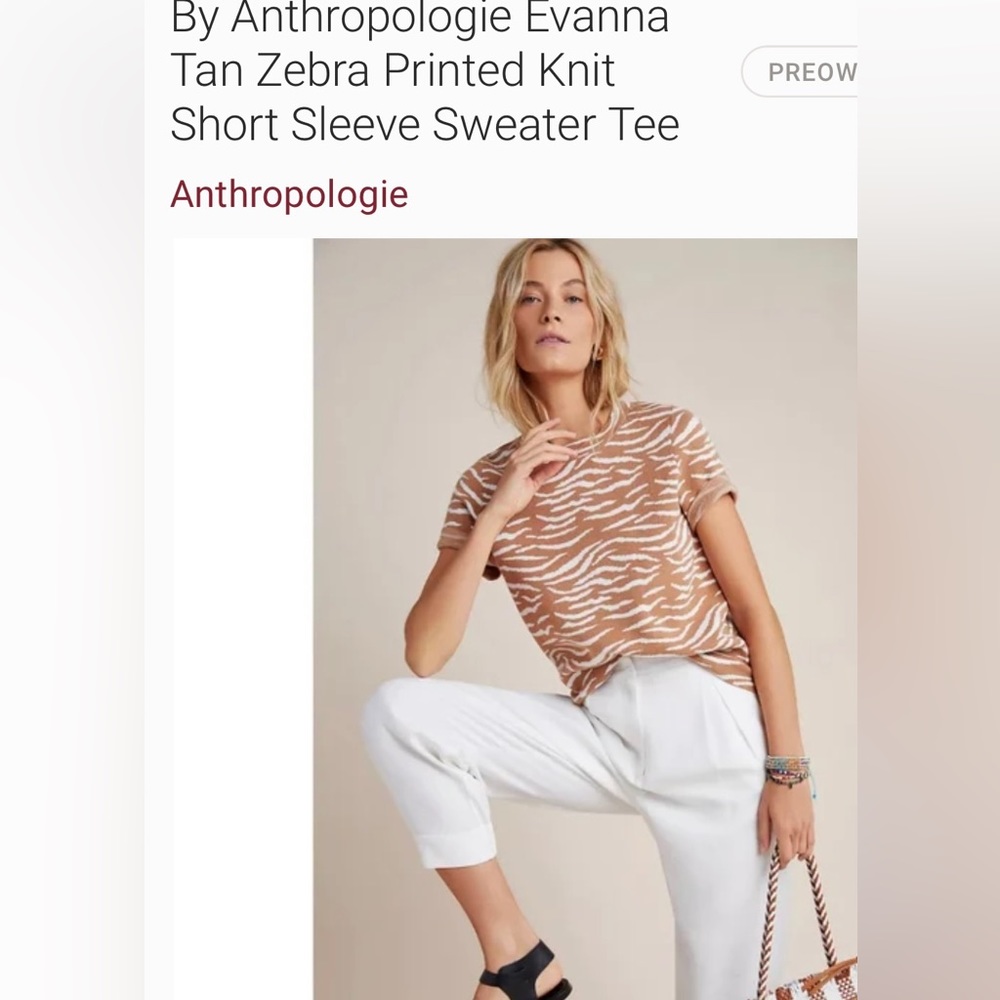 Anthropologie-Evanna zebra print, knit tan & white short sleeve sweater. Medium.